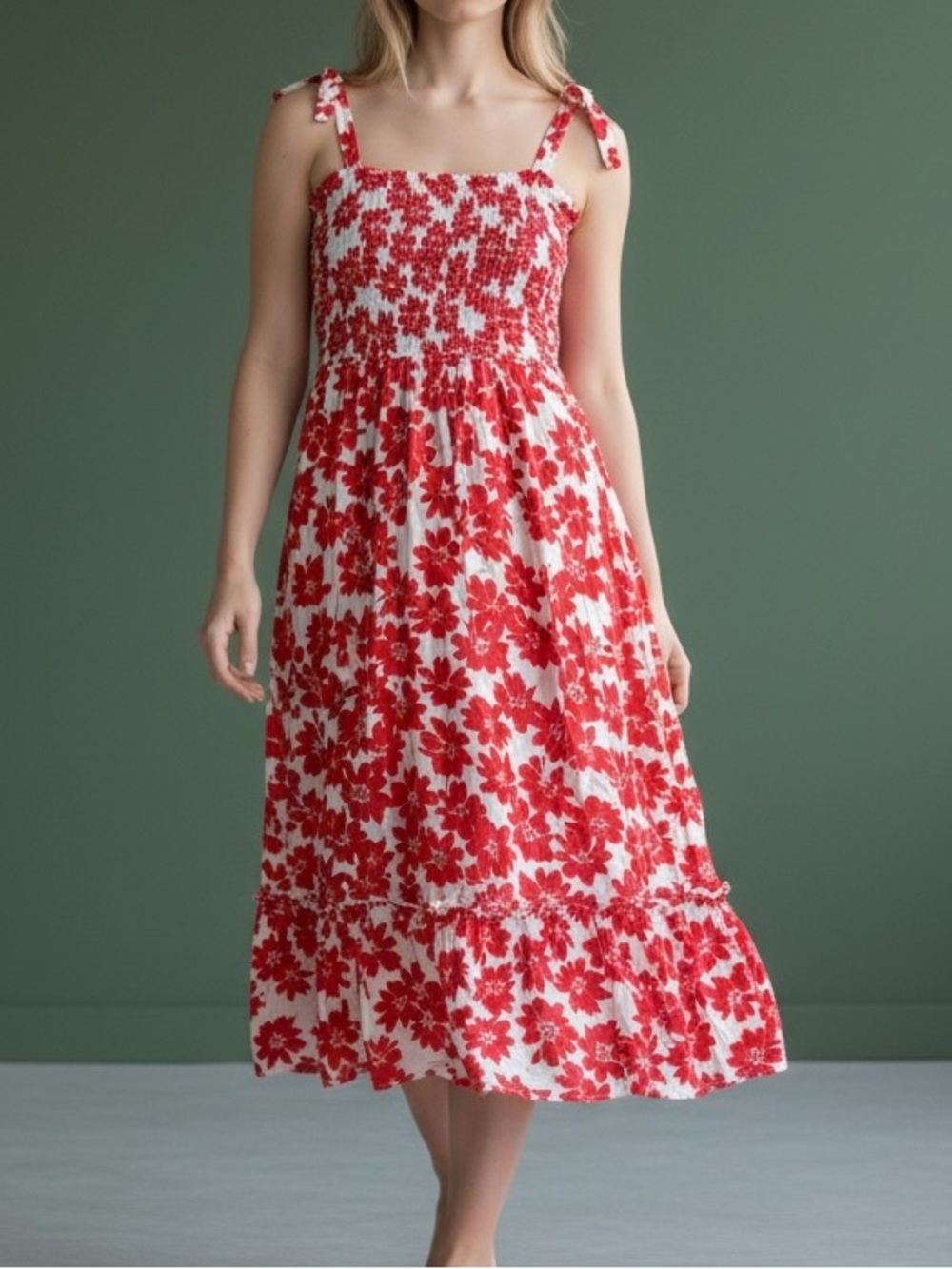 My girl Red Floral Tie-Shoulder Smocked Midi Dress Size 8